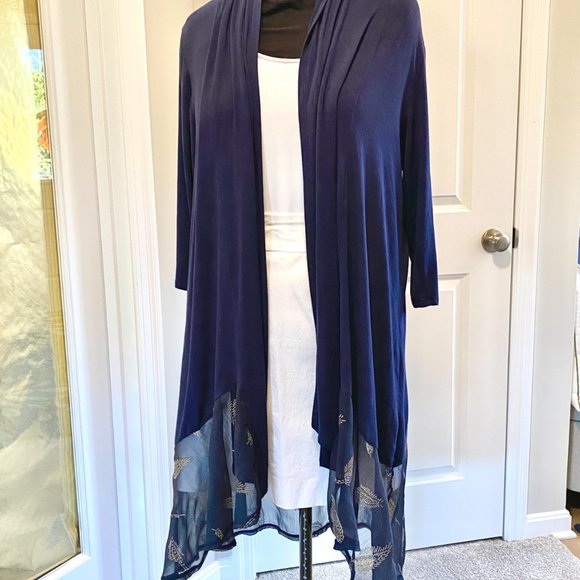LAVANYA 3X Navy Rayon knit Hi-Lo Duster w/Luxurious embroidered chiffon panel - Picture 2 of 9